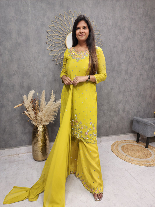 Chamkila lime yellow embroided sharara suit