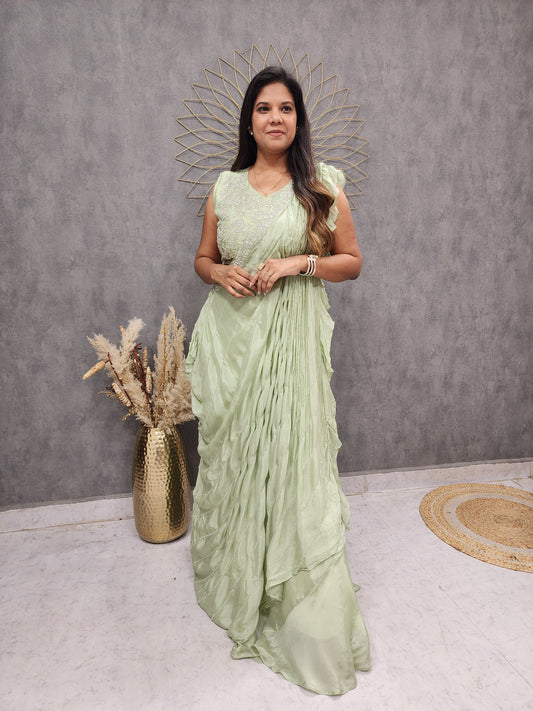 NOOR MINT GREEN EMBROIDERED DRAPE SAREE