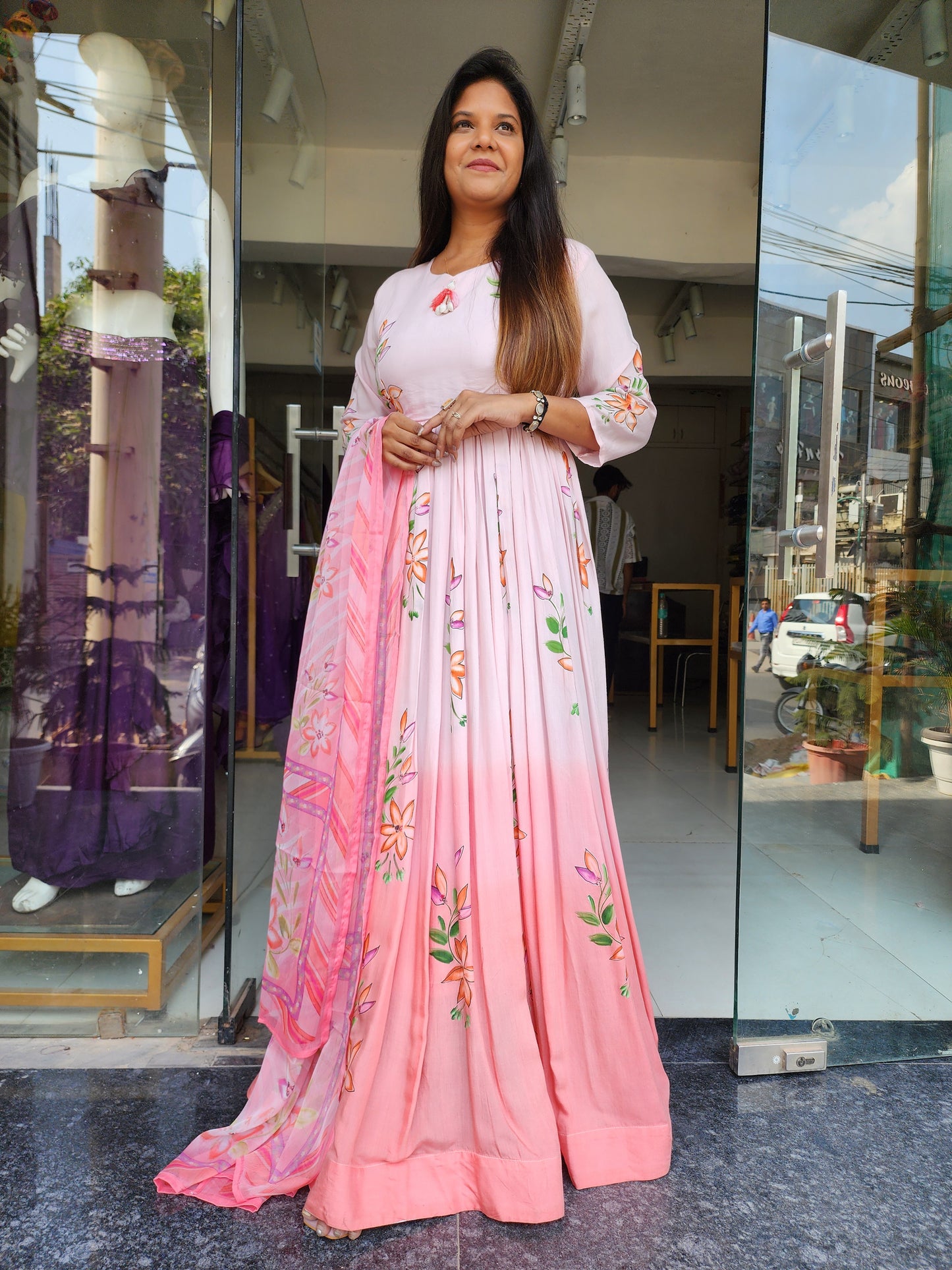 Shades of peach hand brush muslin anarkali suit