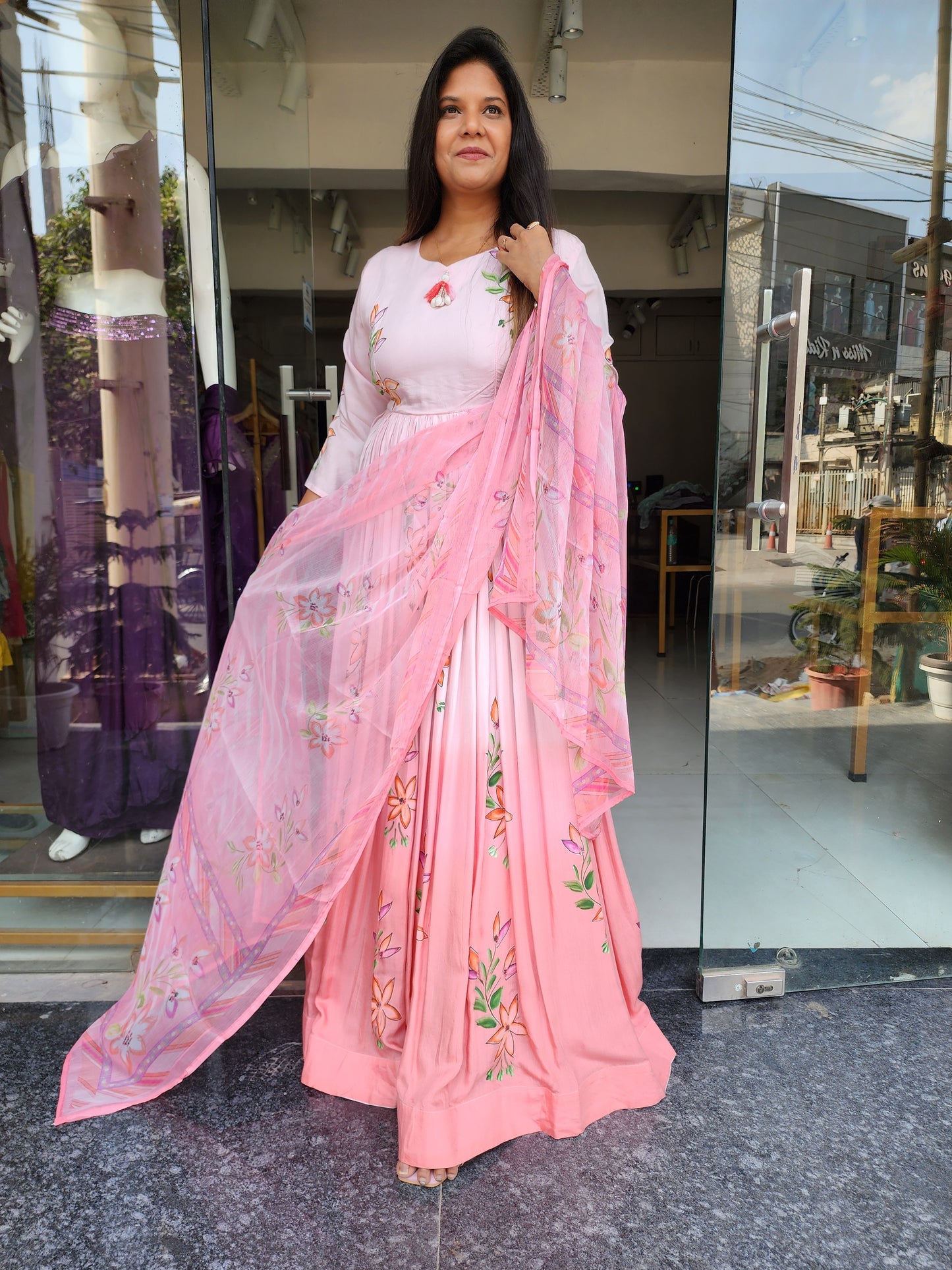 Shades of peach hand brush muslin anarkali suit