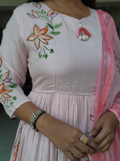 Shades of peach hand brush muslin anarkali suit