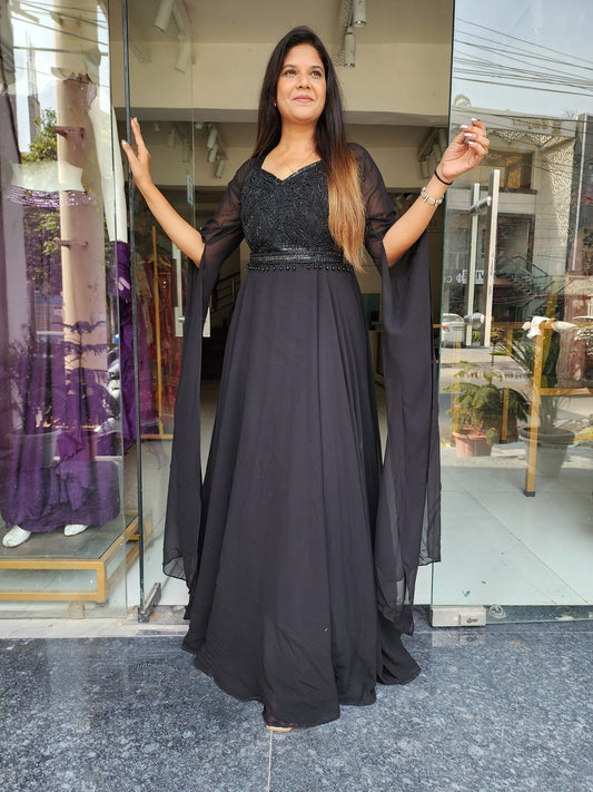 BLACK EMBROIDERED SELFIE SLEEVES MAXI GOWN