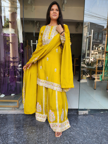 Noor lime embroidered straight divider sharara suit