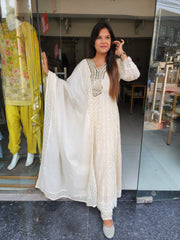 OFF WHITE CUROSIA ANARKALI SUIT WITH PANT & DUPATTA
