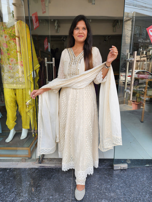 OFF WHITE CUROSIA ANARKALI SUIT WITH PANT & DUPATTA
