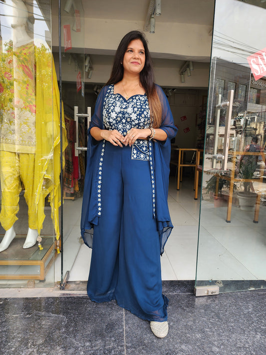 GLAM BLUE CAPE EMBROIDERED INDO-WESTERN CAPE DRESS