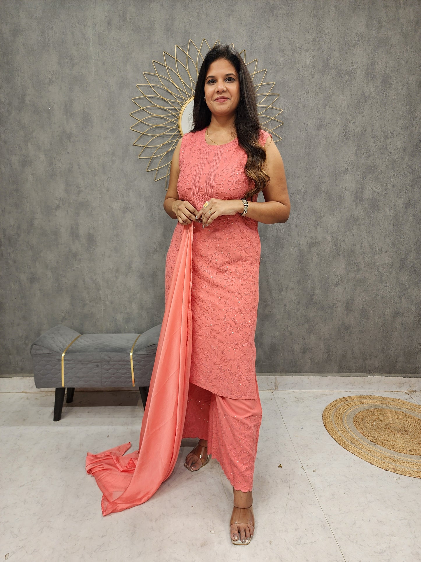 Jiya peach embroidered straight suit