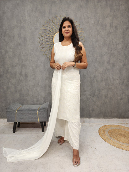 Ivory white embroidered straight suit