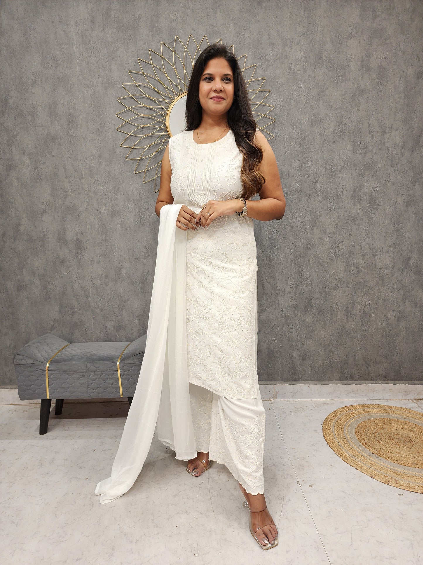 Ivory white embroidered straight suit