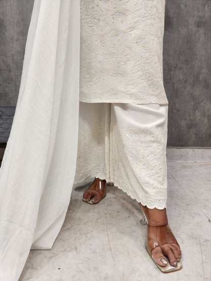 Ivory white embroidered straight suit