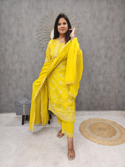 Trisha yellow straight pakistani suit with schiffly dupatta