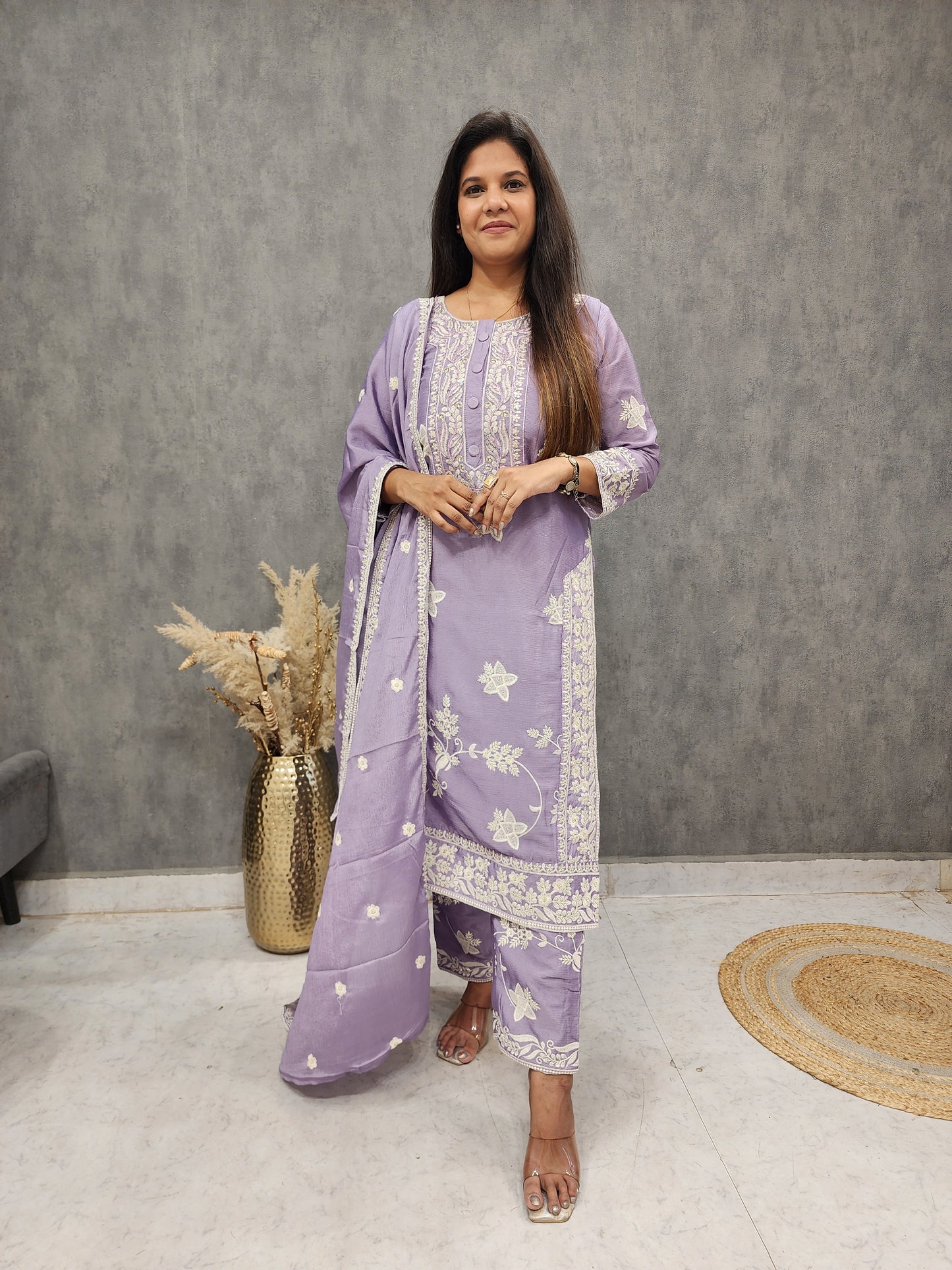 Fiza lavender threadwork pakistani pant suit