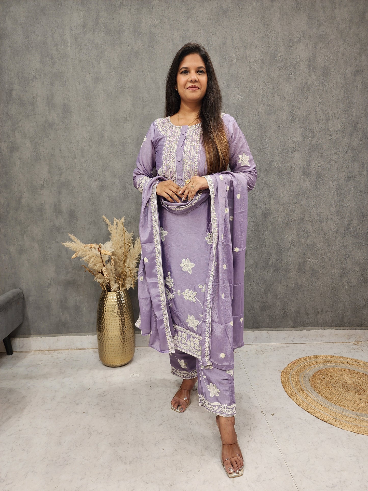 Fiza lavender threadwork pakistani pant suit