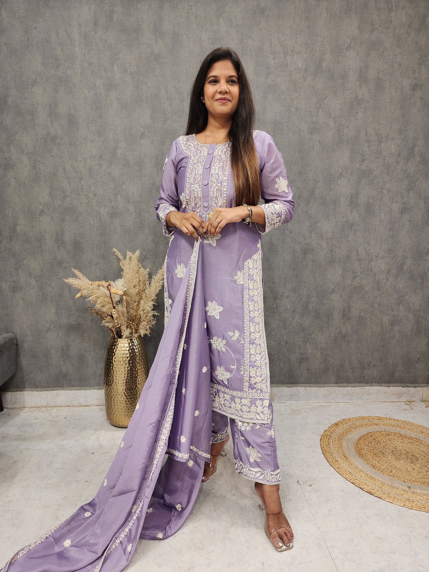 Fiza lavender threadwork pakistani pant suit