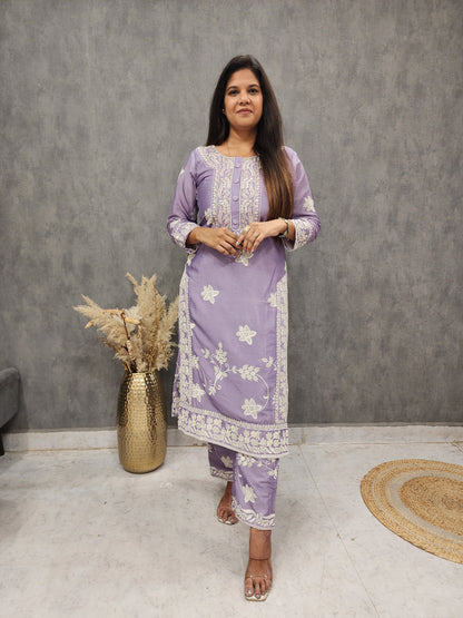 Fiza lavender threadwork pakistani pant suit