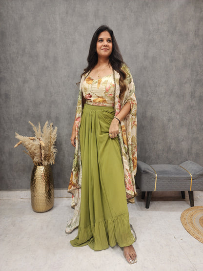 Kia printed cape mehendi green indowestern dress