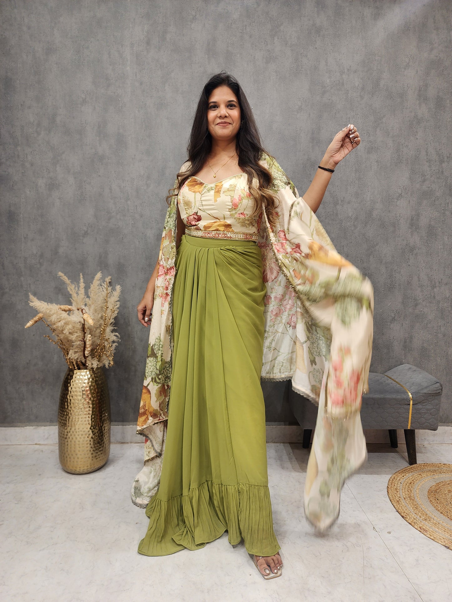 Kia printed cape mehendi green indowestern dress