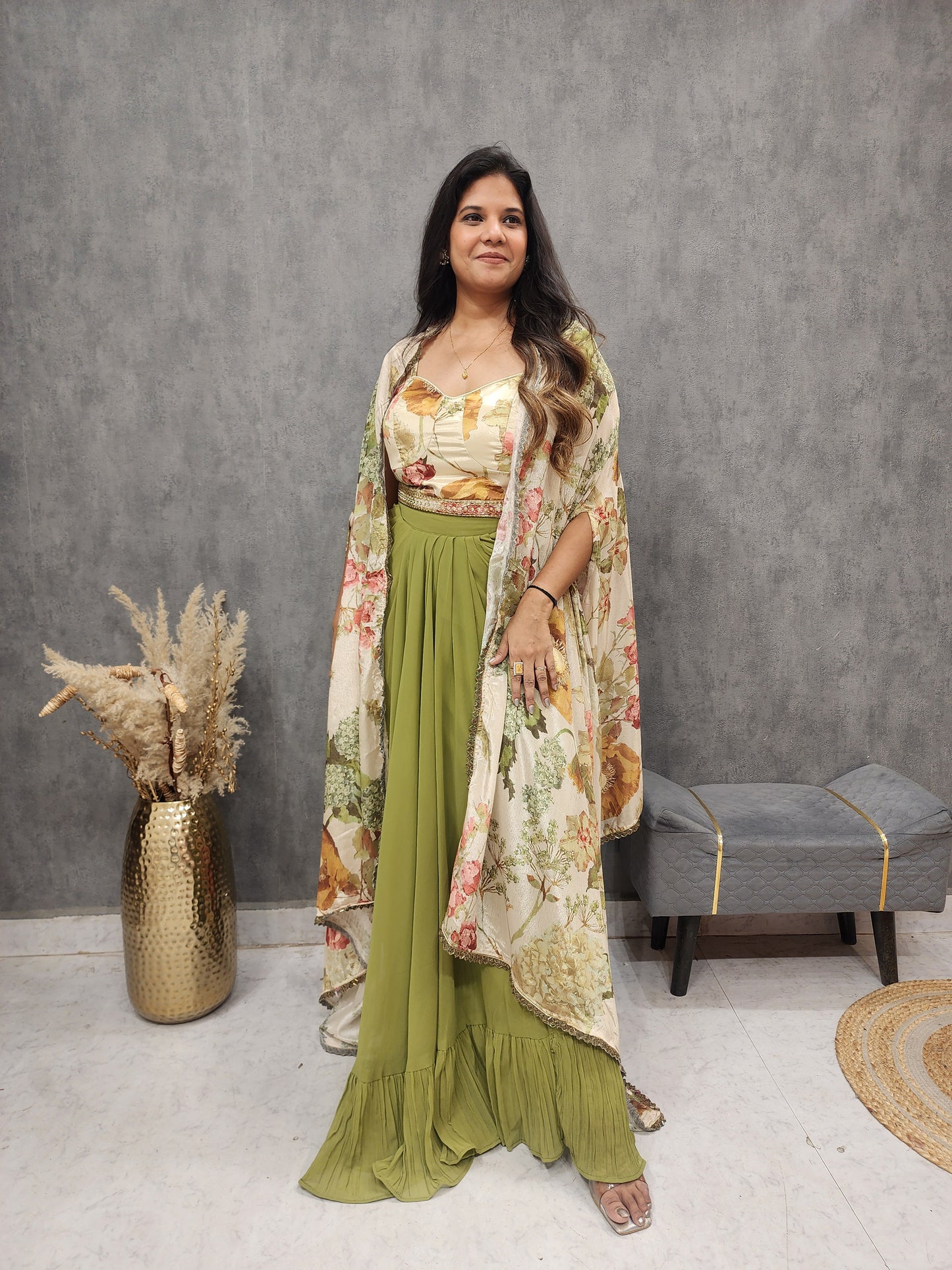 Kia printed cape mehendi green indowestern dress