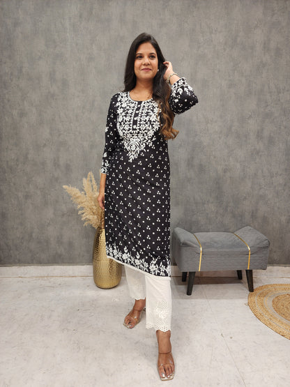 Black embroidered straight rayon cotton kurta only