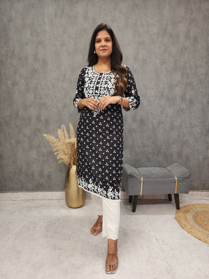 Black embroidered straight rayon cotton kurta only