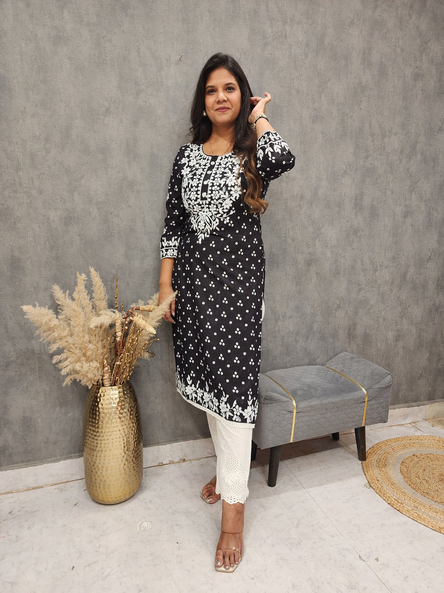 Black embroidered straight rayon cotton kurta only