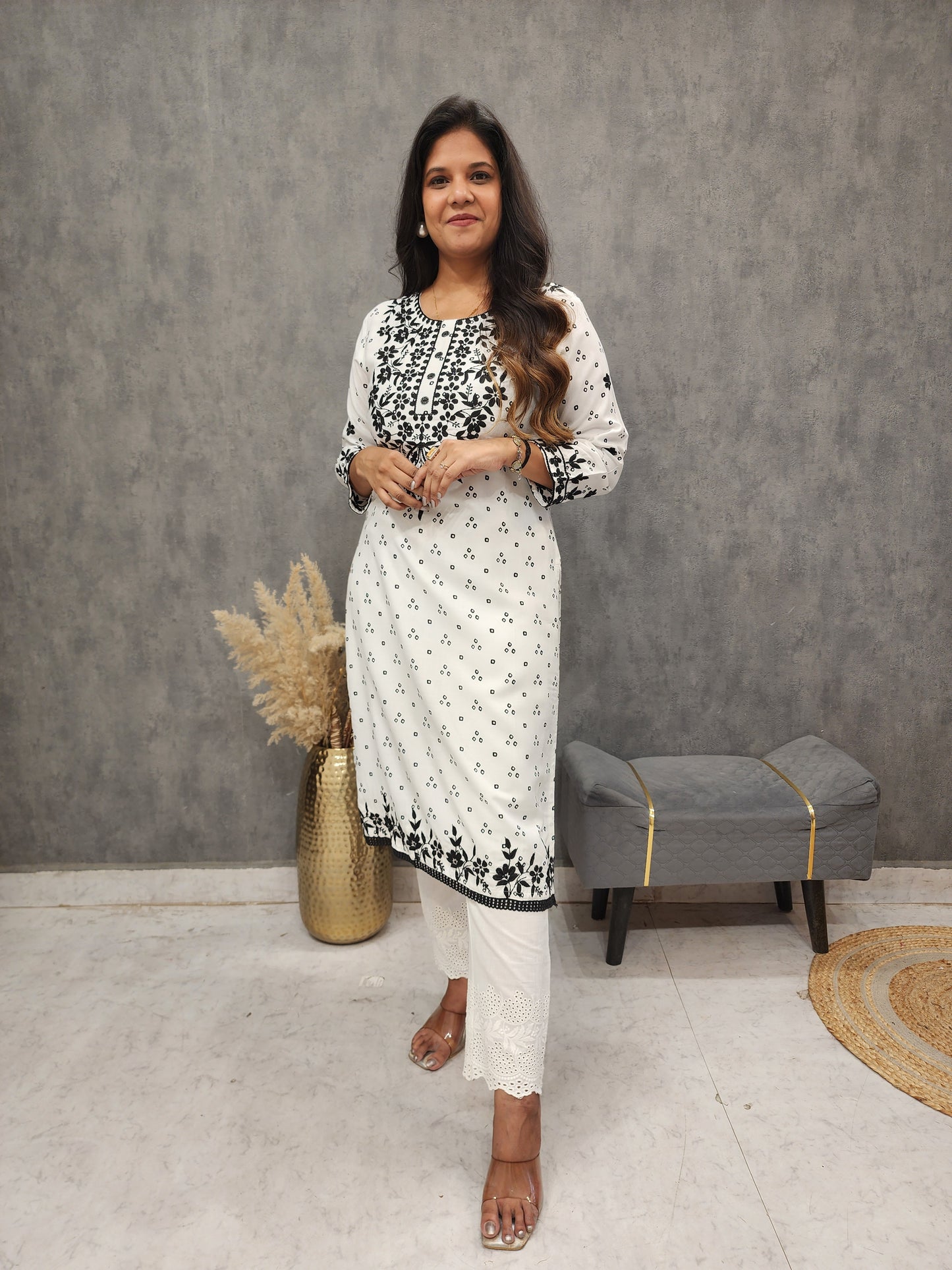 White embroidered straight cotton kurta only