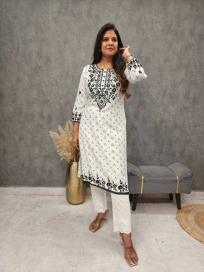 White embroidered straight cotton kurta only