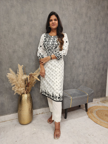 White embroidered straight cotton kurta only