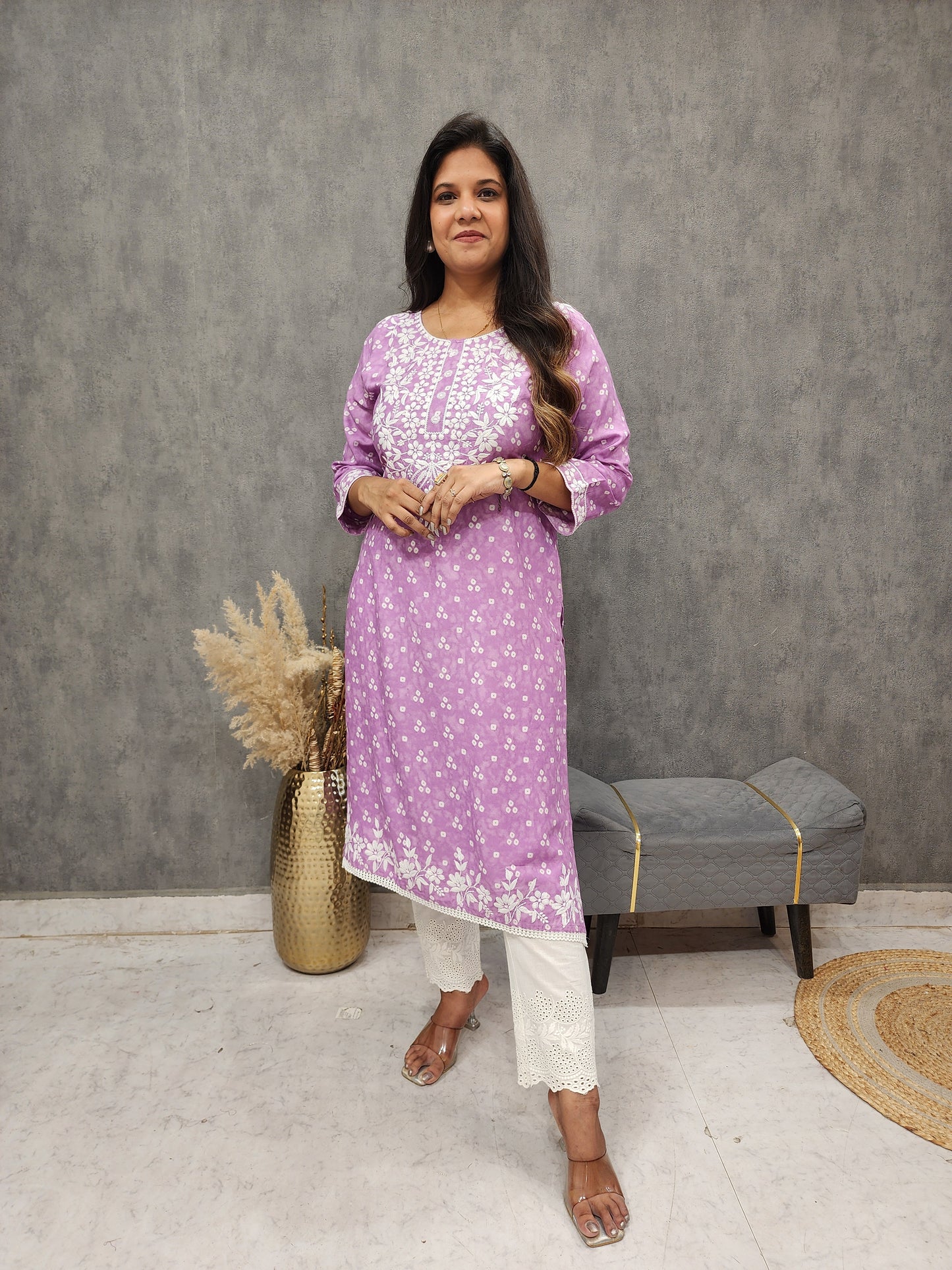 Lilac embroidered straight cotton rayon kurta only