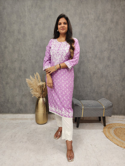 Lilac embroidered straight cotton rayon kurta only