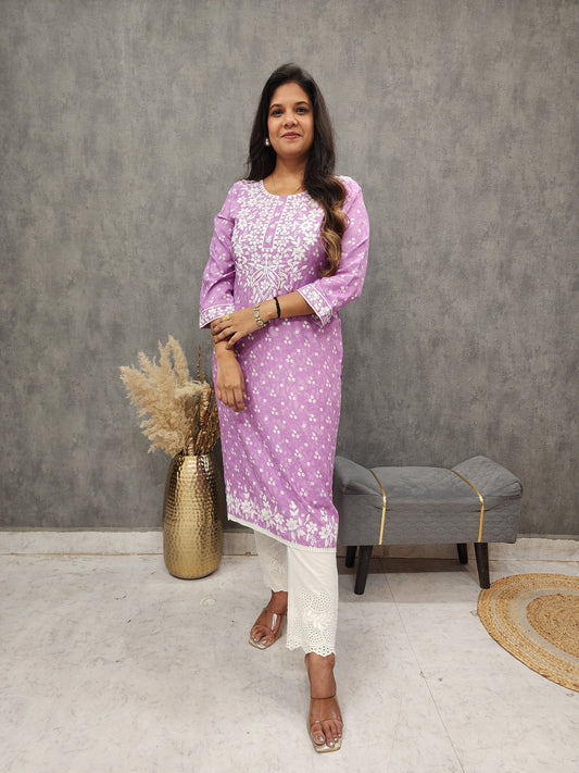 LILAC EMBROIDERED STRAIGHT COTTON RAYON KURTA ONLY