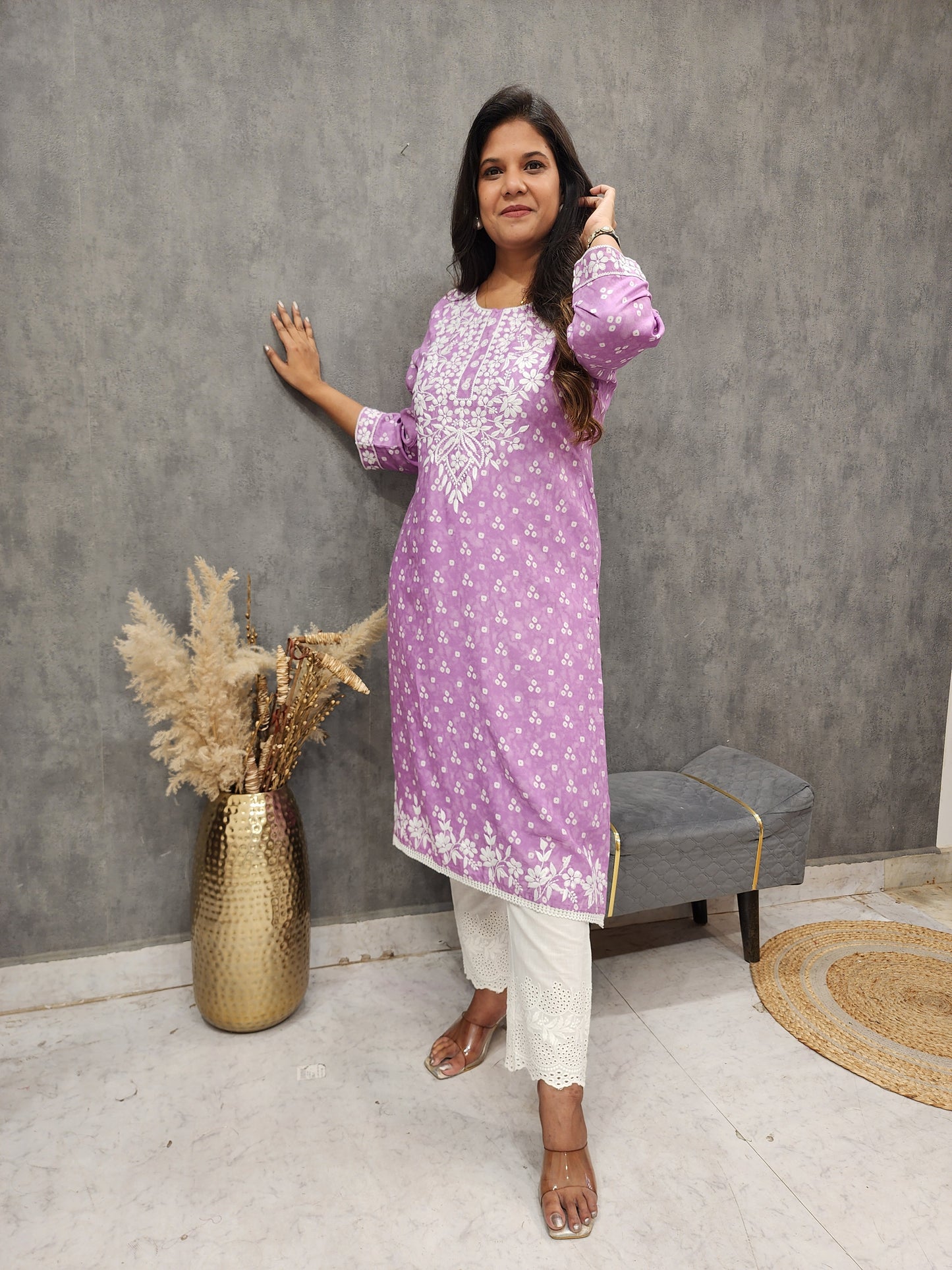 Lilac embroidered straight cotton rayon kurta only