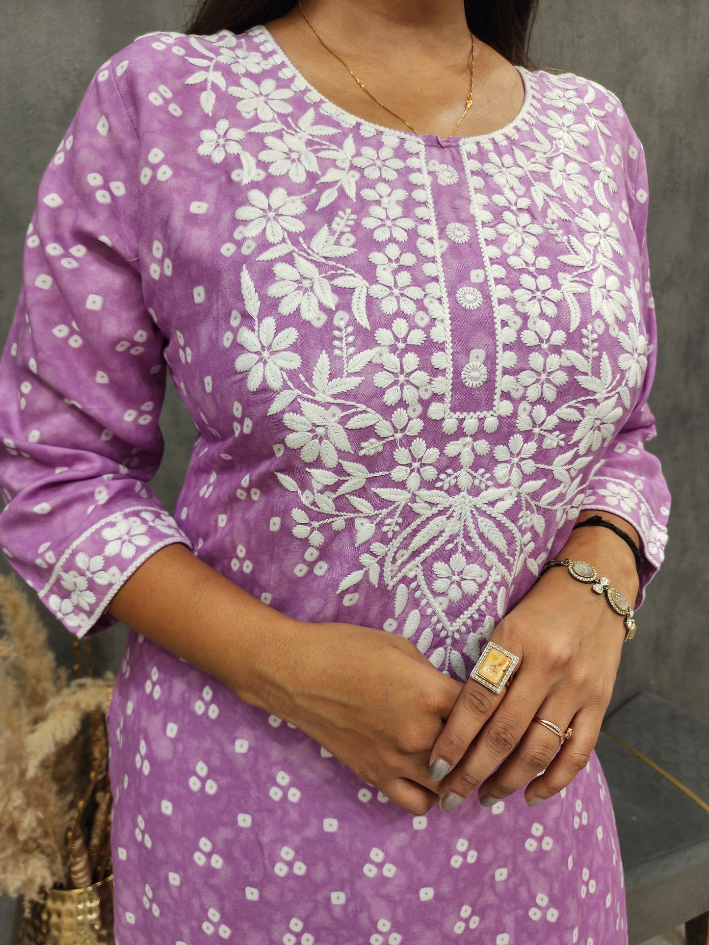 Lilac embroidered straight cotton rayon kurta only