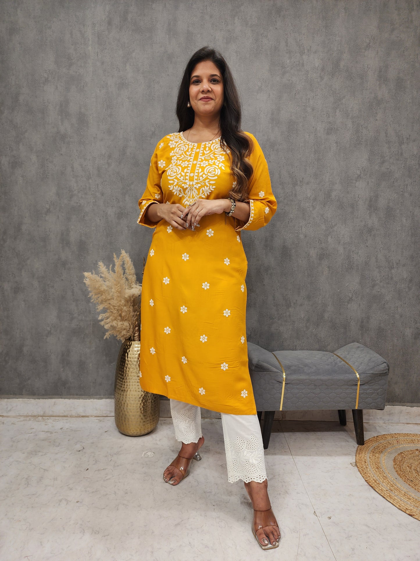 Mango yellow embroidered straight cotton kurta only