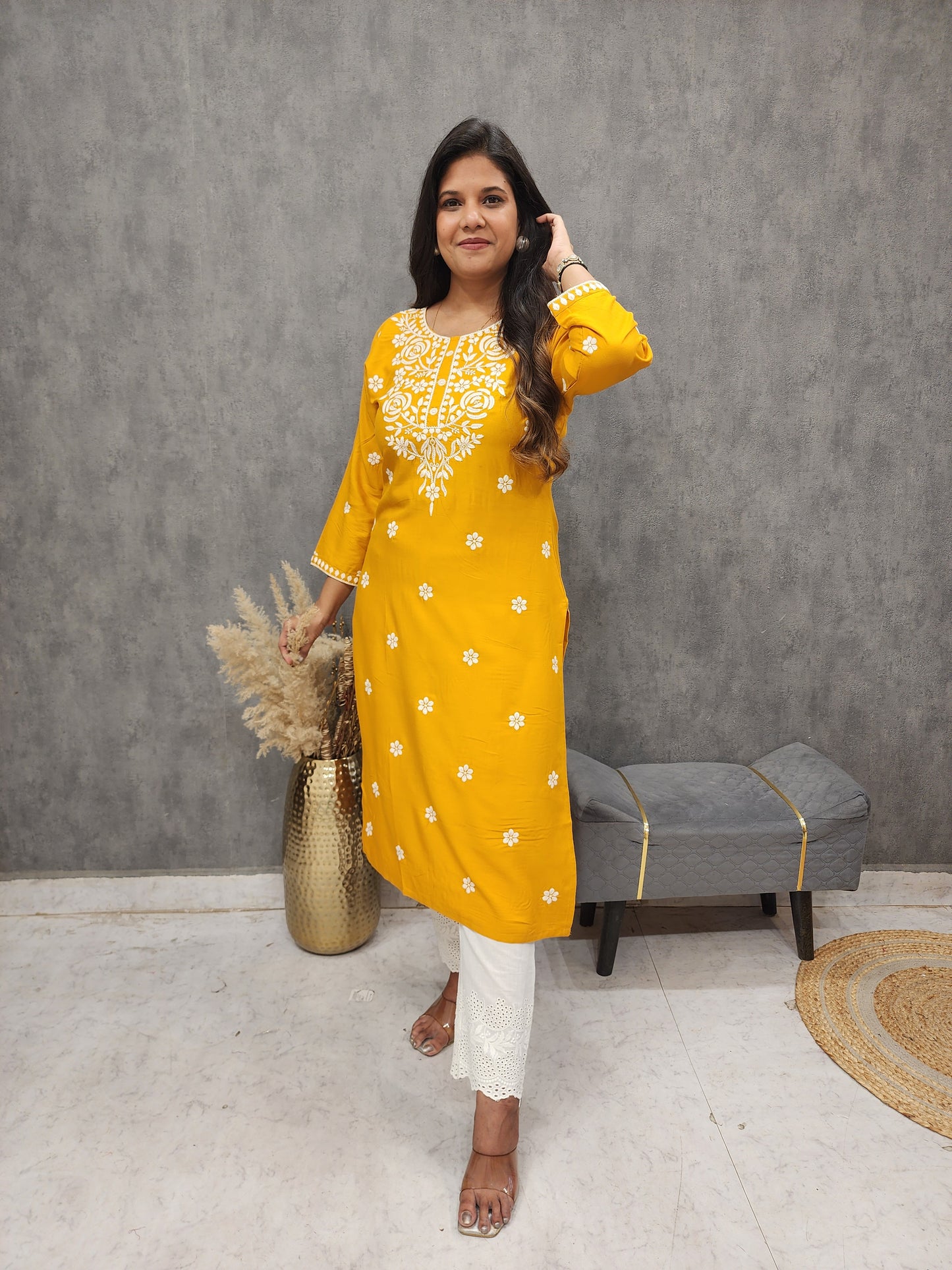 Mango yellow embroidered straight cotton kurta only