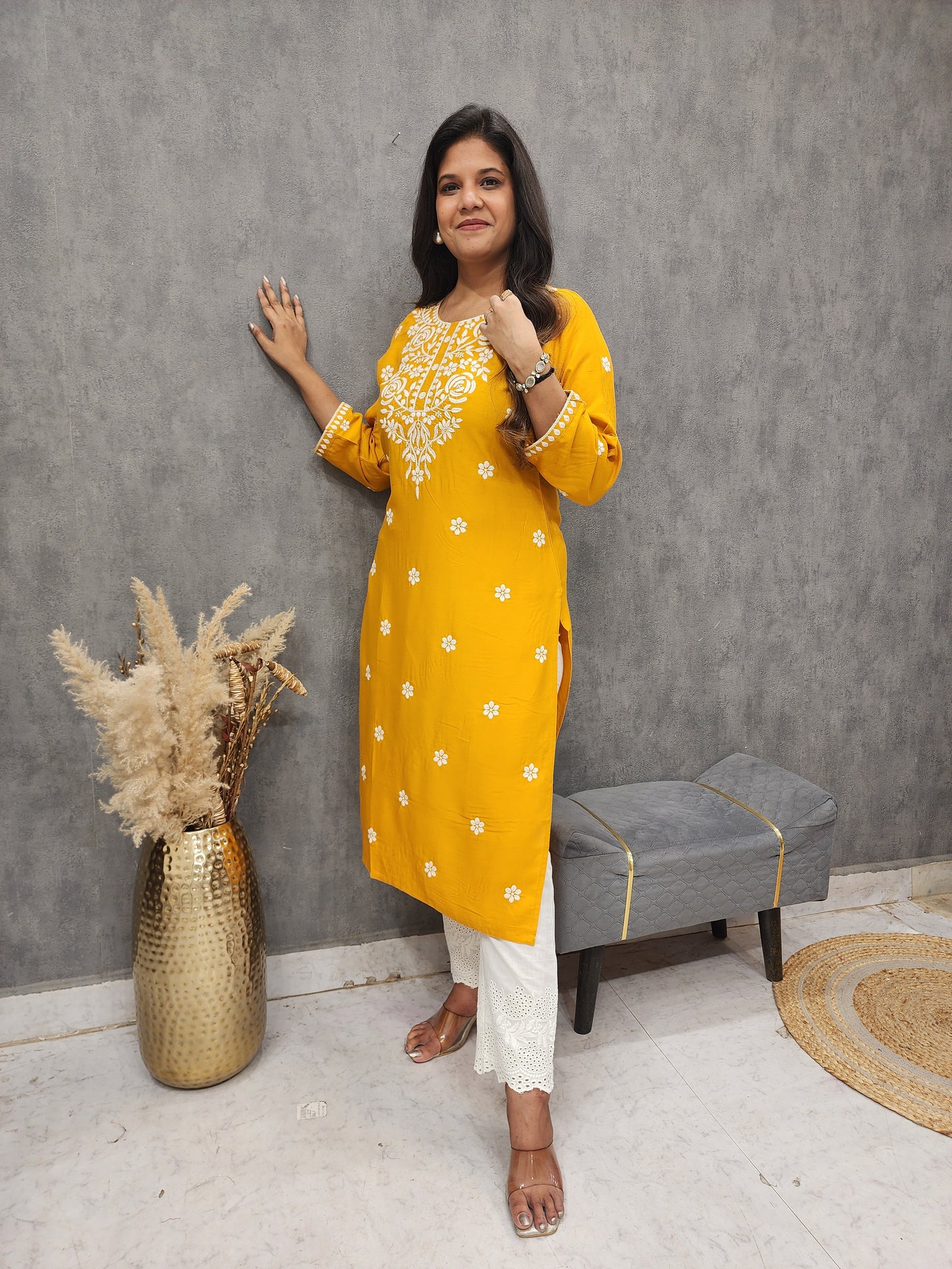 Mango yellow embroidered straight cotton kurta only