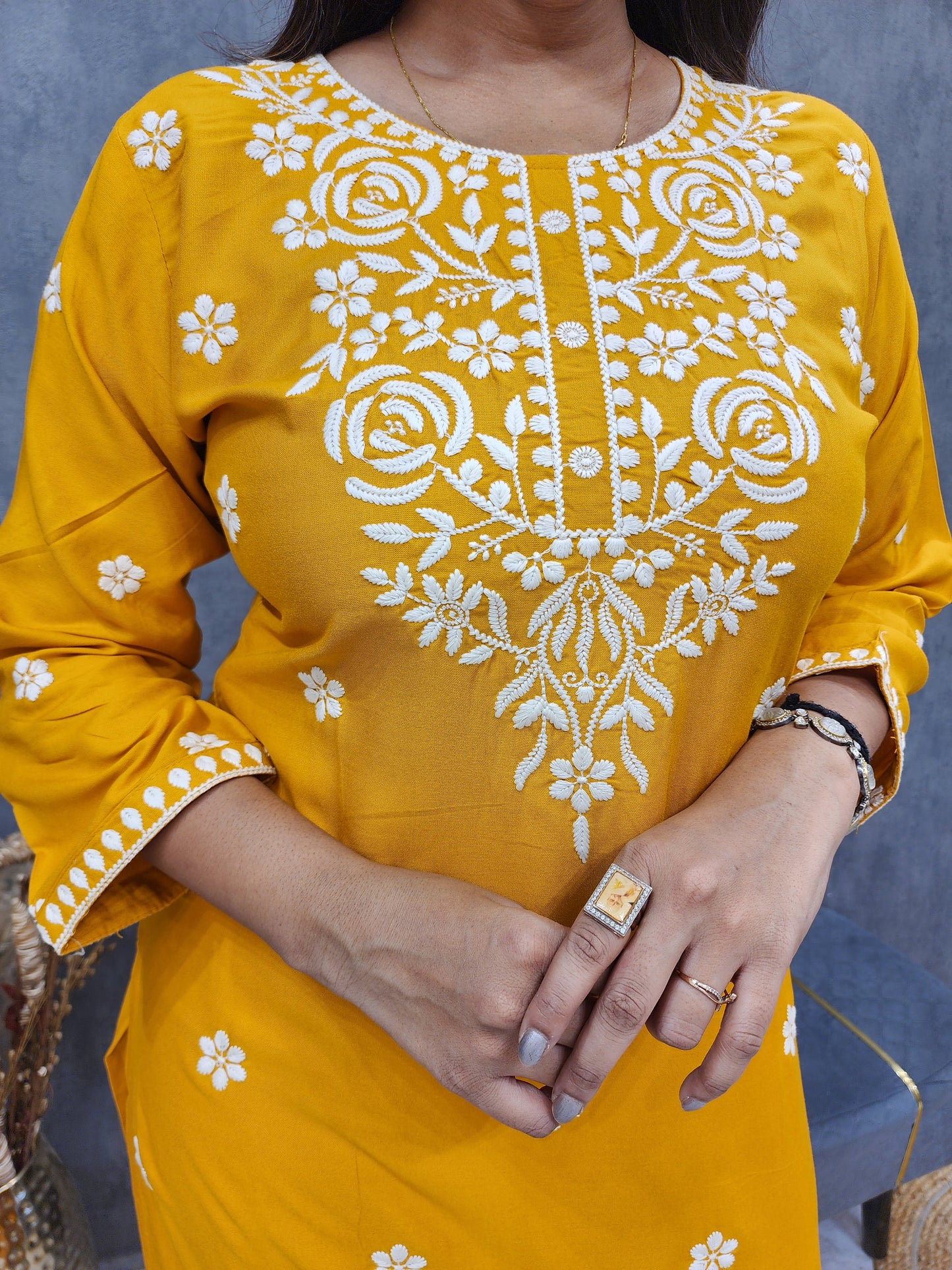 Mango yellow embroidered straight cotton kurta only