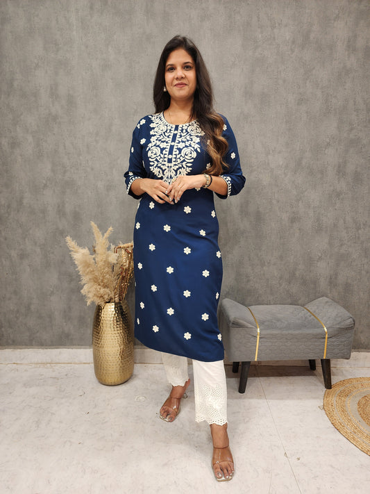 BLUE EMBROIDERED STRAIGHT COTTON KURTA ONLY