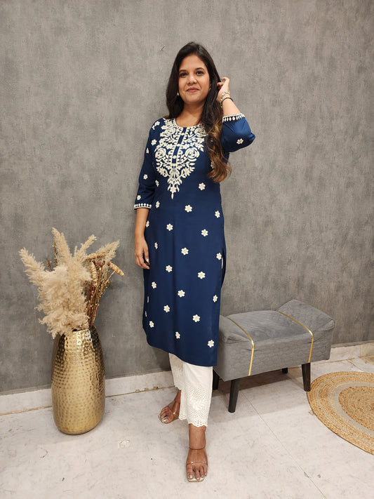 BLUE EMBROIDERED STRAIGHT COTTON KURTA ONLY