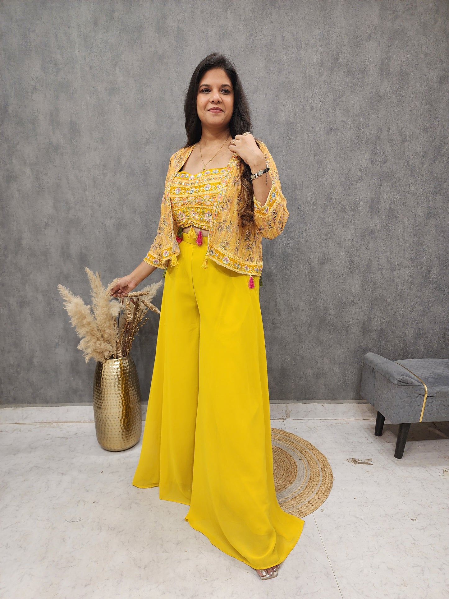 Sia yellow indowestern short jacket dress