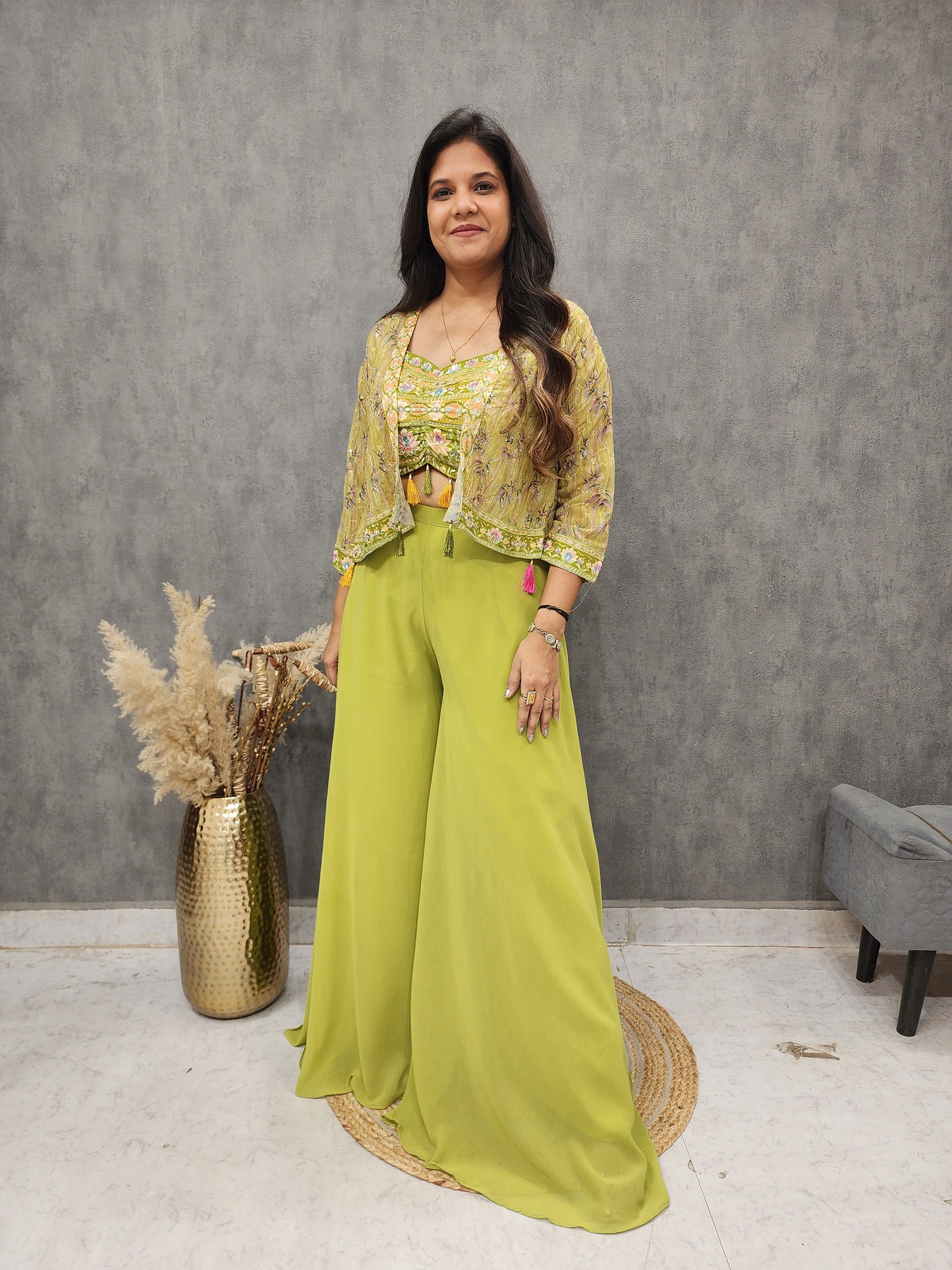 SIA MEHENDI GREEN INDOWESTERN SHORT JACKET DRESS