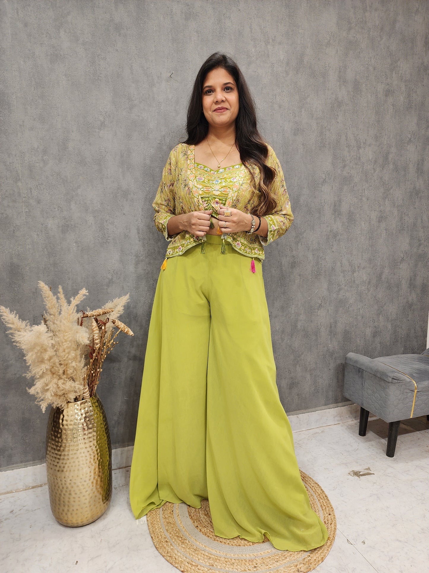 SIA MEHENDI GREEN INDOWESTERN SHORT JACKET DRESS