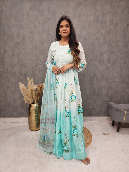 Shades of ice blue hand brush muslin anarkali suit