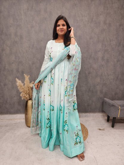 Shades of ice blue hand brush muslin anarkali suit