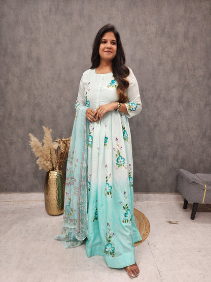 Shades of ice blue hand brush muslin anarkali suit