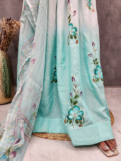 Shades of ice blue hand brush muslin anarkali suit