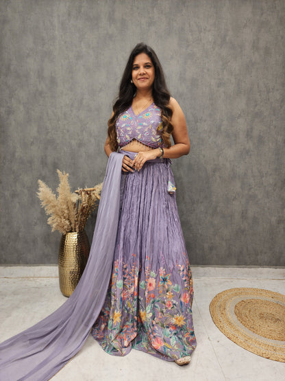 RASHA LAVENDER FLORAL PRINT EMBROIDERED LEHENGA SET