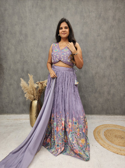 RASHA LAVENDER FLORAL PRINT EMBROIDERED LEHENGA SET