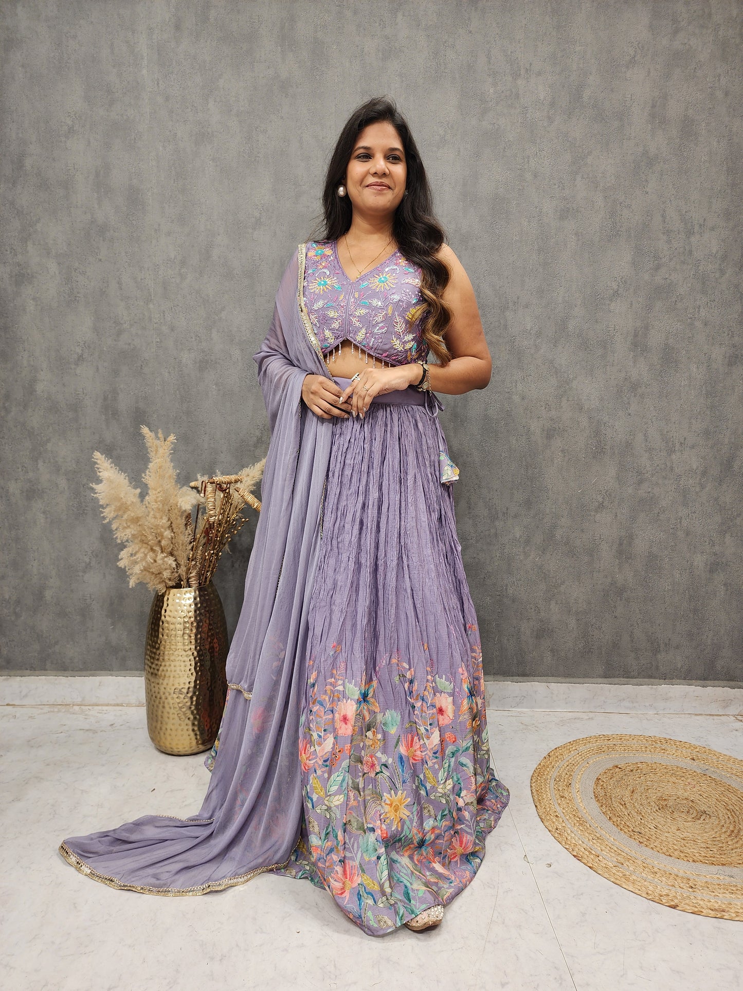 RASHA LAVENDER FLORAL PRINT EMBROIDERED LEHENGA SET