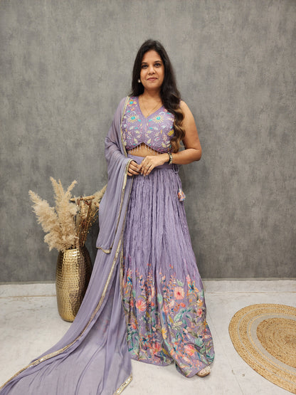 RASHA LAVENDER FLORAL PRINT EMBROIDERED LEHENGA SET